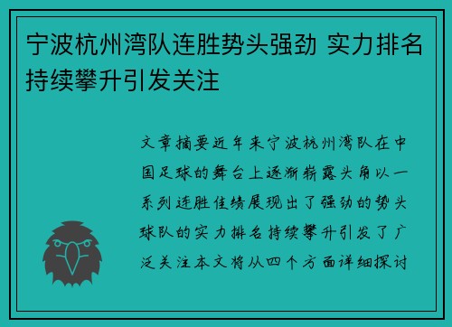 宁波杭州湾队连胜势头强劲 实力排名持续攀升引发关注