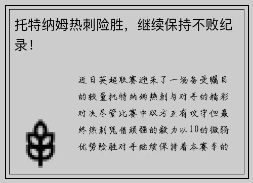 托特纳姆热刺险胜，继续保持不败纪录！