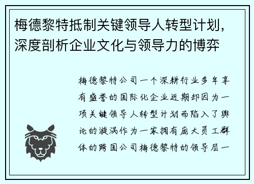 梅德黎特抵制关键领导人转型计划，深度剖析企业文化与领导力的博弈