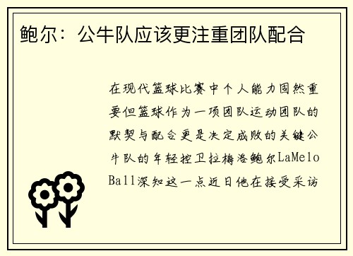 鲍尔：公牛队应该更注重团队配合