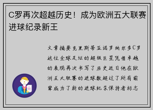 C罗再次超越历史！成为欧洲五大联赛进球纪录新王