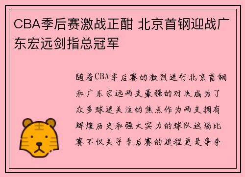 CBA季后赛激战正酣 北京首钢迎战广东宏远剑指总冠军